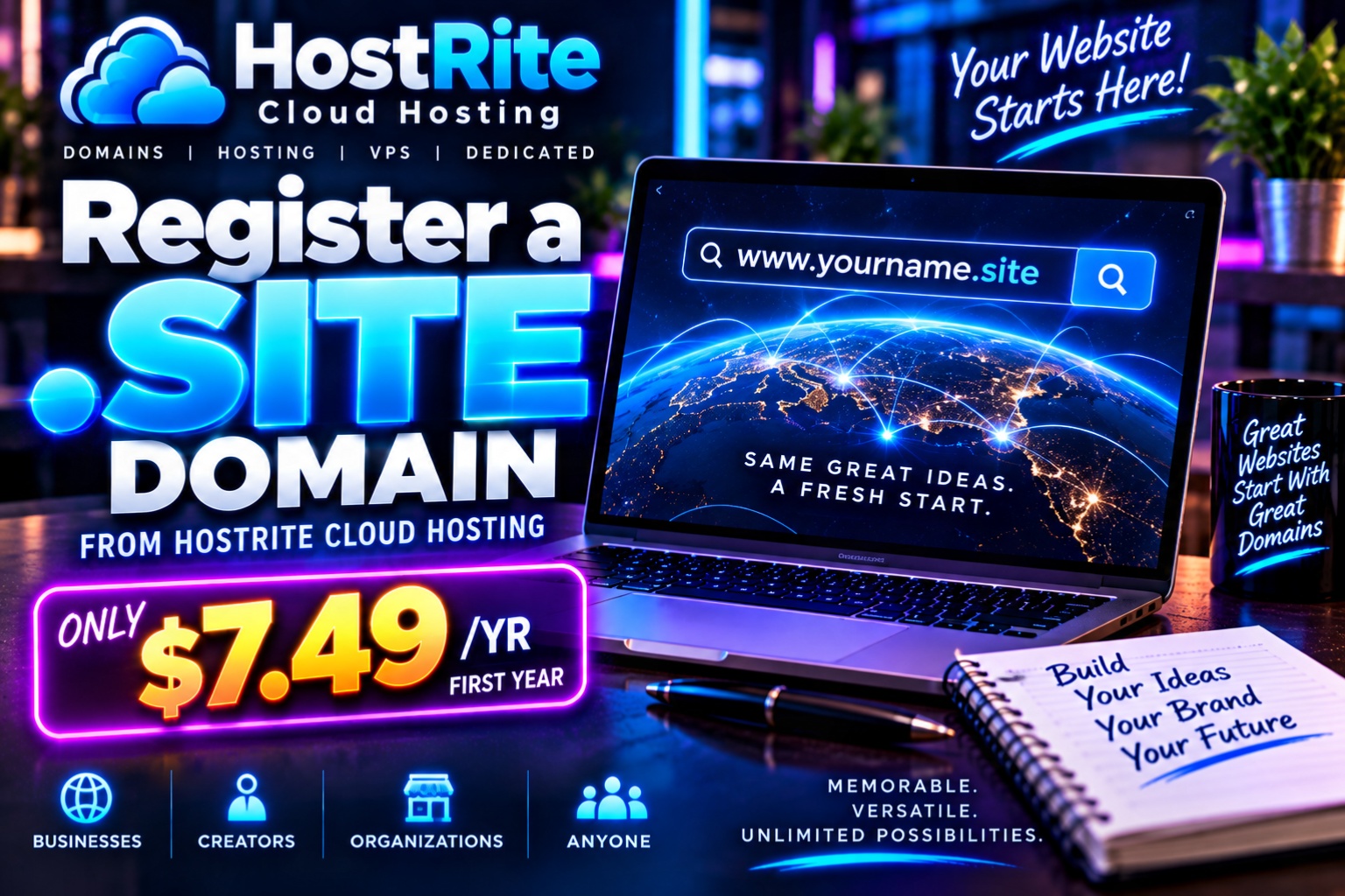 Neon ad for hostrite cloud hosting register a Site domain with price only $7 49yr laptop showing a world map